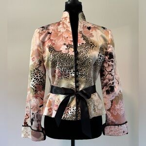 Vintage JS Collection Silk Pink Floral Animal Print Mandarin Collar Jacket